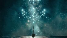 Illustration of a ship on a patch of calm seas in the midst of heavier seas. In the sky is a made up constellation in the shape of an anchor. This all illustrates the article Clinging to the Anchor of Hope.