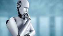 Dangers of Artificial Intelligence (illustration of a robot in a pose like The Thinker)