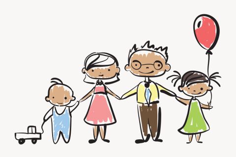 Cartoonish graphic of grandparents holding the hands of two little children to illustrate the  article Grandparenting Challenge: Finding Opportunities to Influence Grandchildren