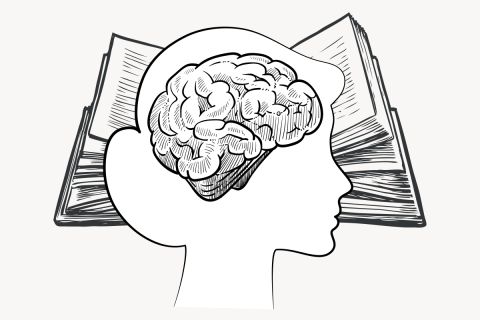 Line drawing of a brain over a woman's head over a open book, to illustrate the article Let This Mind Be in You